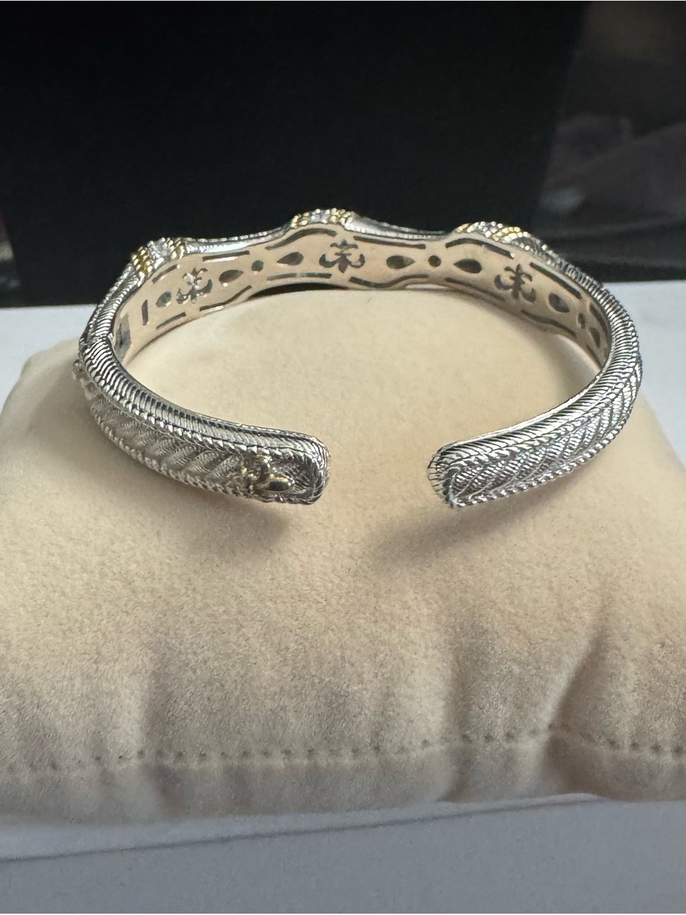 Judith Ripka 925 Silver Braided Cuff Bracelet w/Gold Texture Trim & Diamonique - Picture 5 of 13